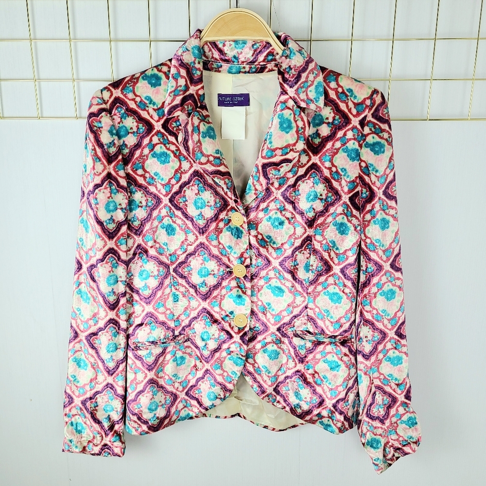 Future Ozbek Rifat Made In Italy Graphic Print Velvet Velour Vintage Blazer